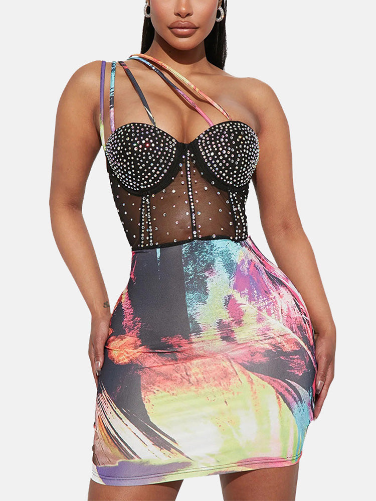 Women's Rhinestone Mesh Printed Spaghetti Strap Dress
