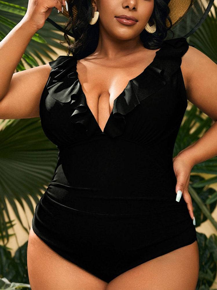 Ruffle Solid Color One Piece Swimsuit