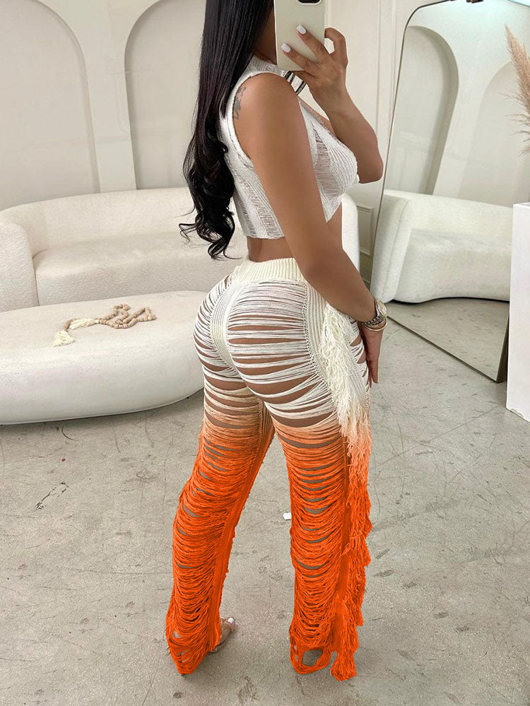 Crop Top Ombre Tassel Pants Set