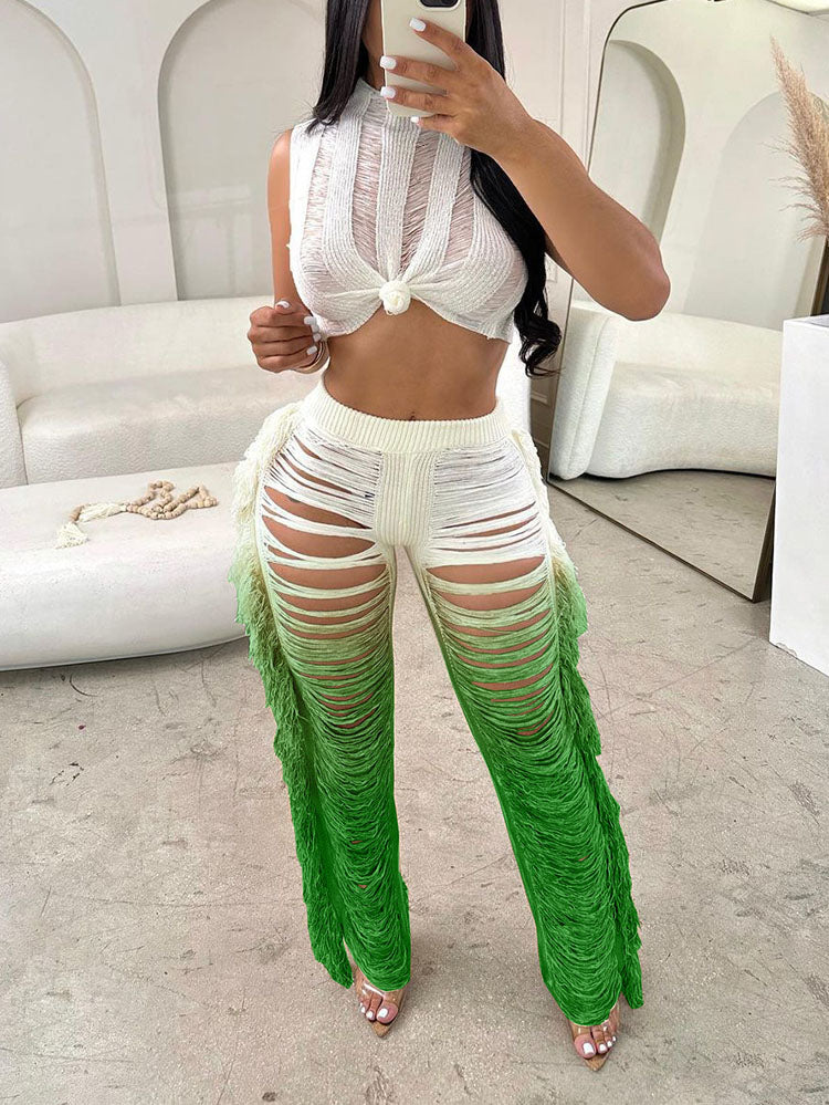 Crop Top Ombre Tassel Pants Set