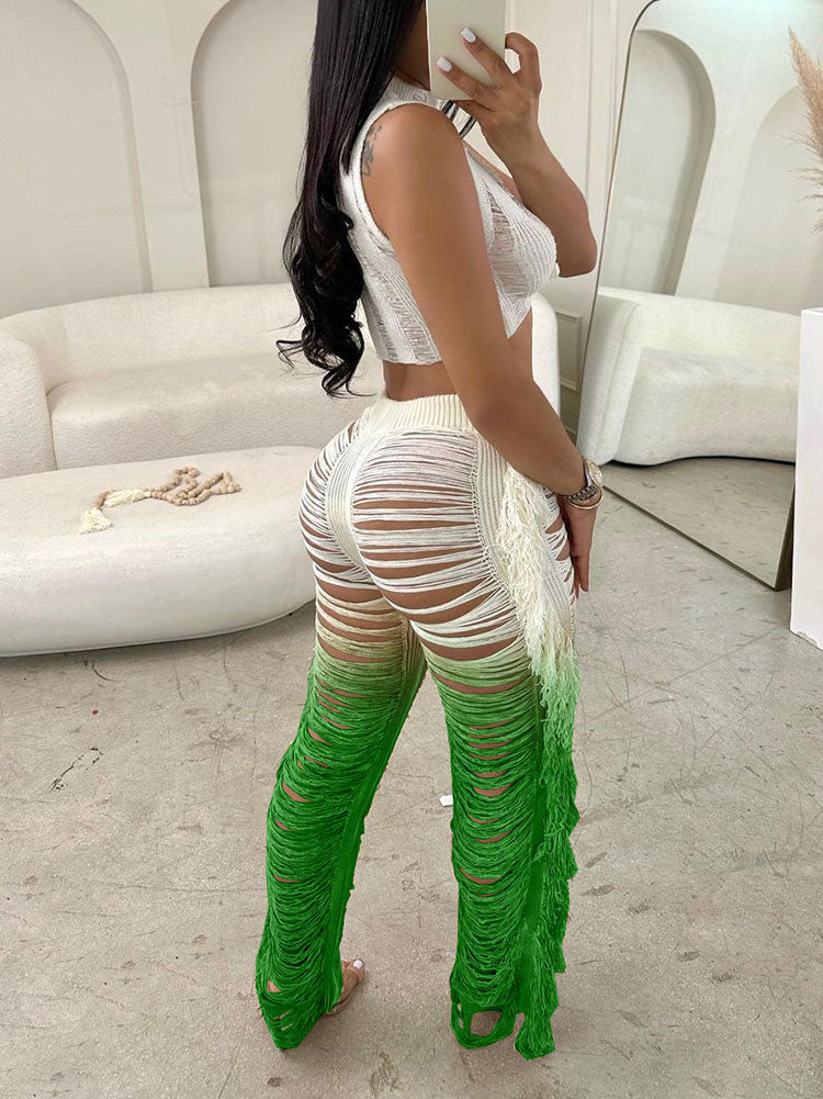 Crop Top Ombre Tassel Pants Set