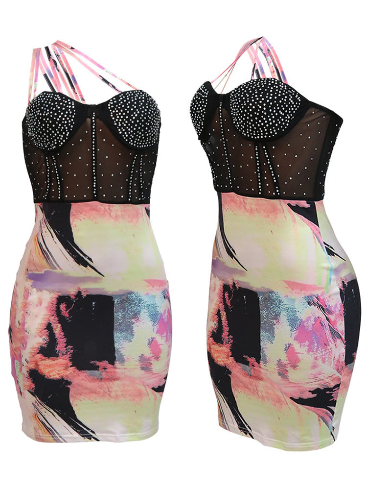 Women's Rhinestone Mesh Printed Spaghetti Strap Dress