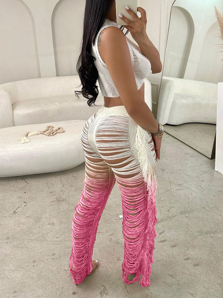 Crop Top Ombre Tassel Pants Set