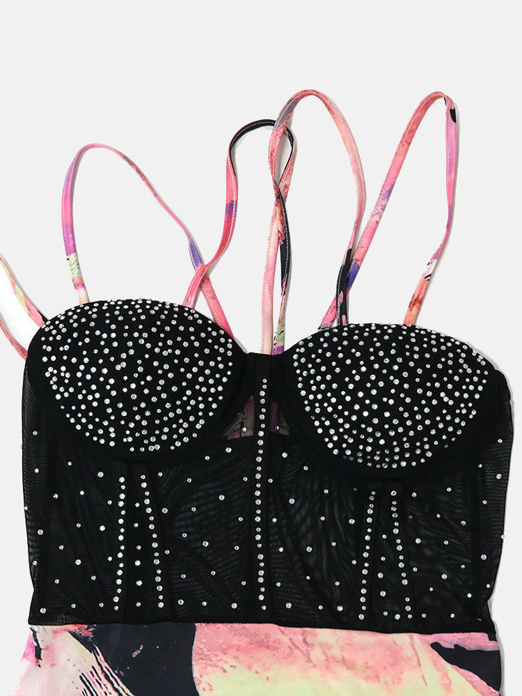 Women's Rhinestone Mesh Printed Spaghetti Strap Dress