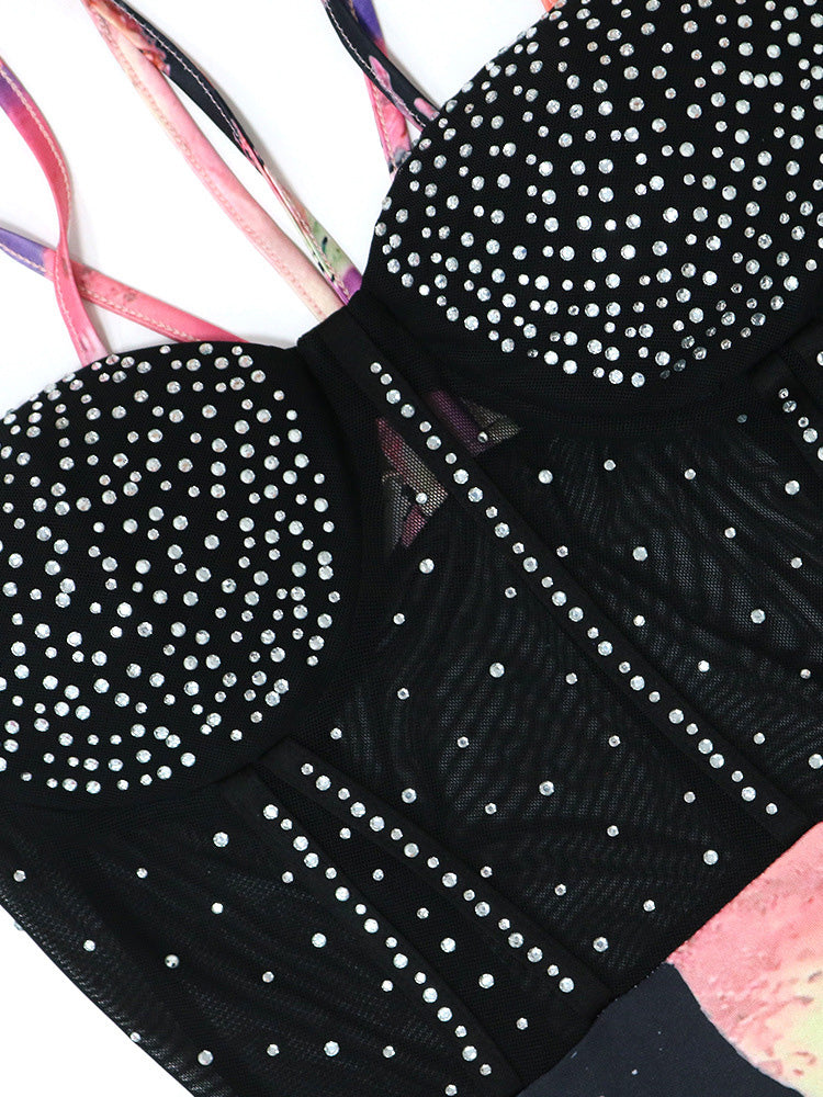Women's Rhinestone Mesh Printed Spaghetti Strap Dress