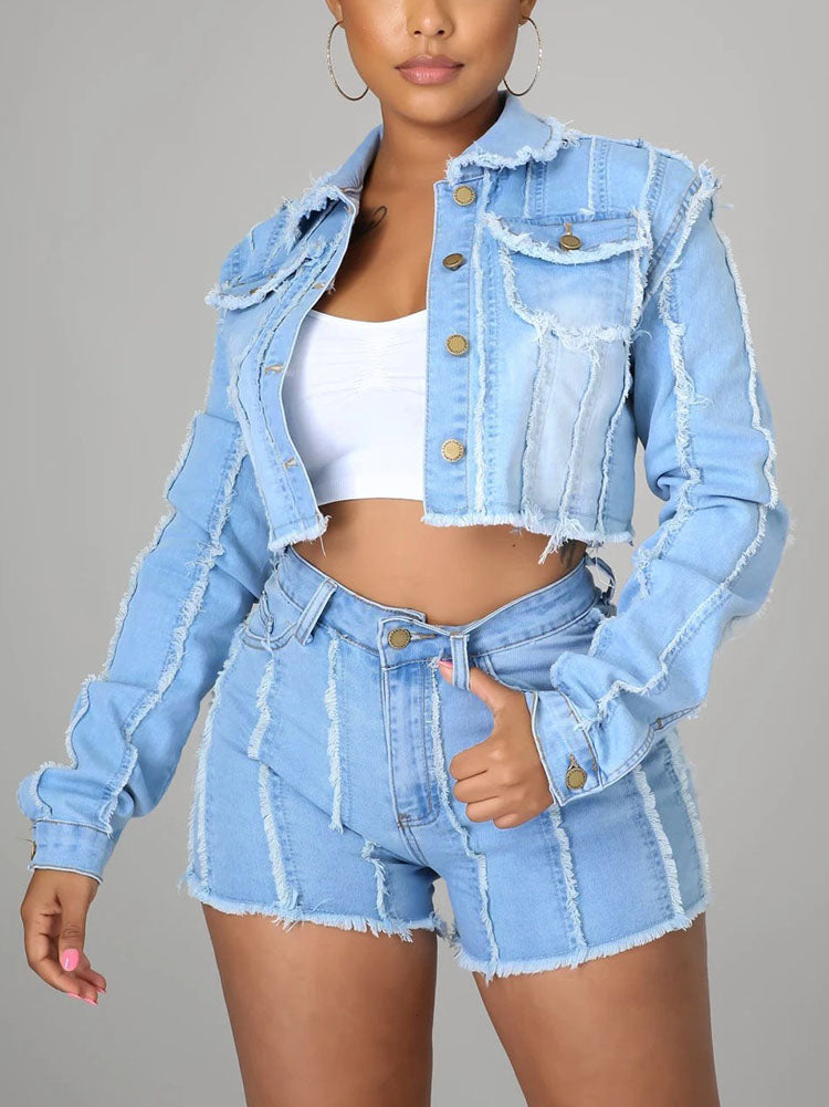 Denim Cropped Jacket Short Set