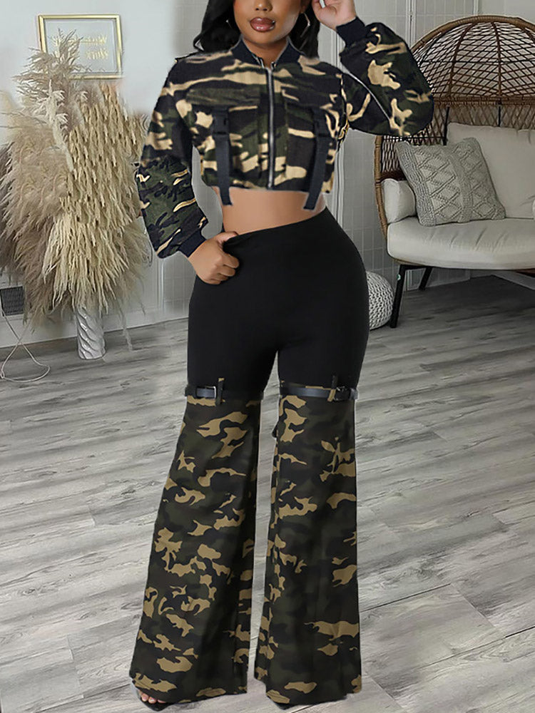 Camouflage Jacket Pants Denim Set