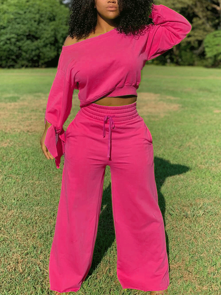 Solid Bow Sleeve Tops & Drawstring Pants Set