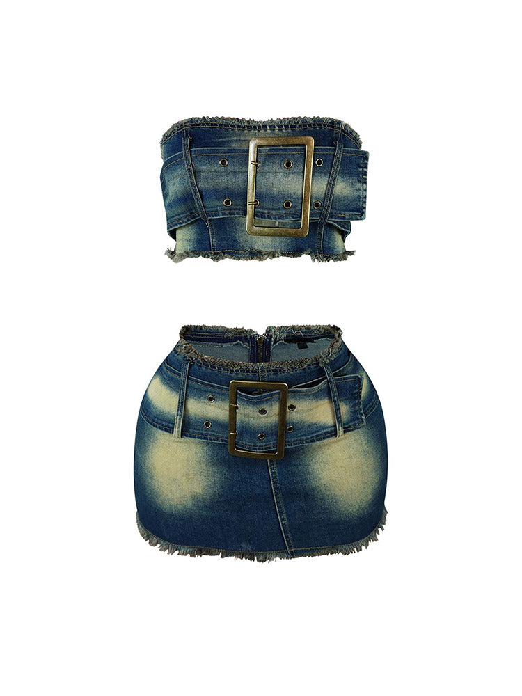 Denim Belted Tube Top Skirt SET