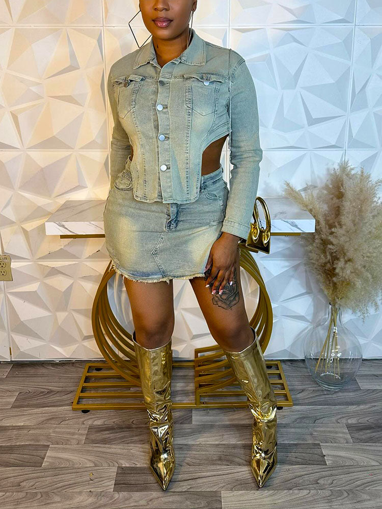 Denim Irregular Jacket Skirt Set