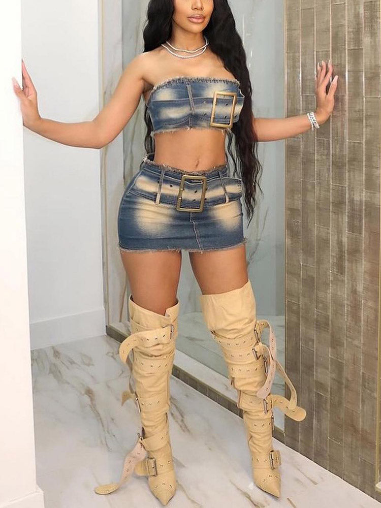 Denim Belted Tube Top Skirt SET