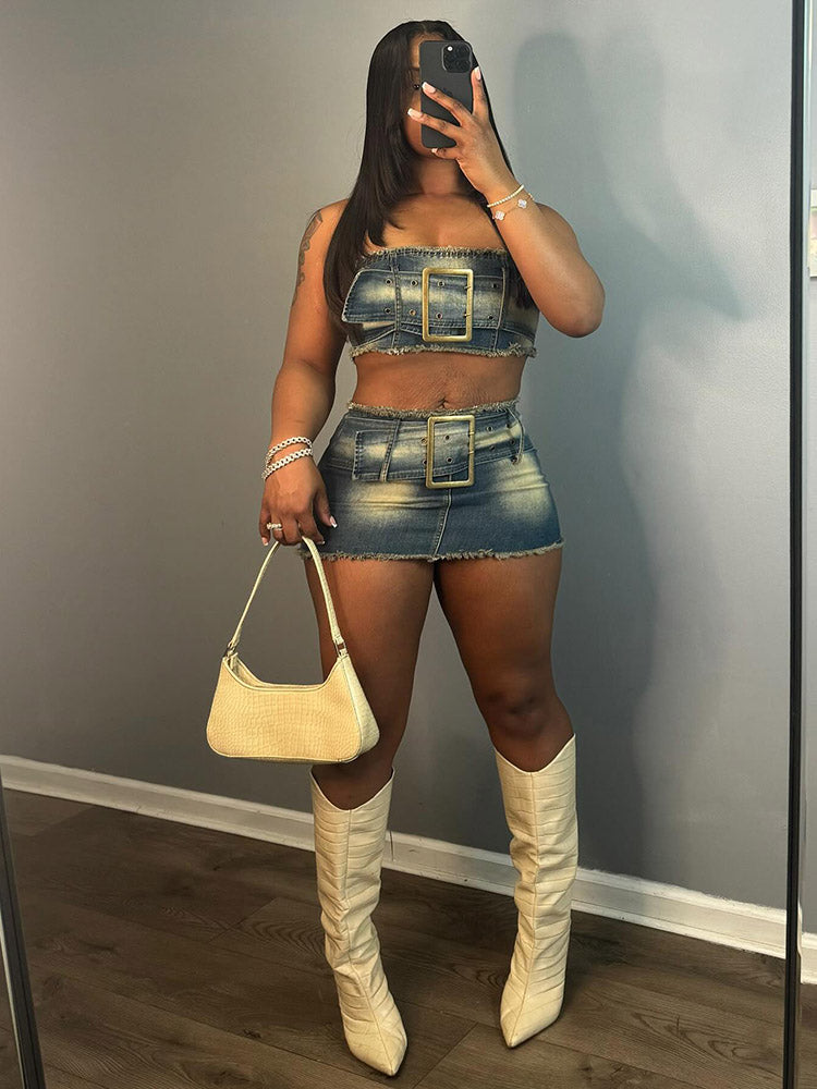 Denim Belted Tube Top Skirt SET