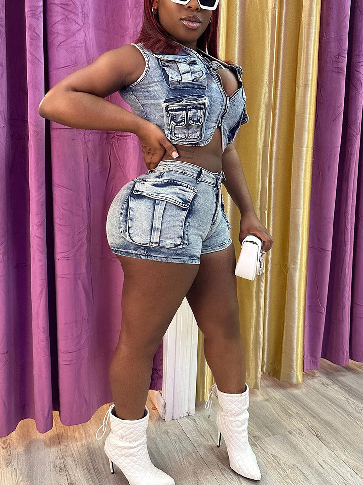 Denim Cargo Vest Shorts Set