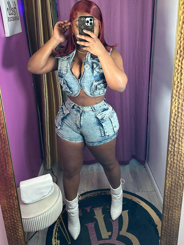 Denim Cargo Vest Shorts Set