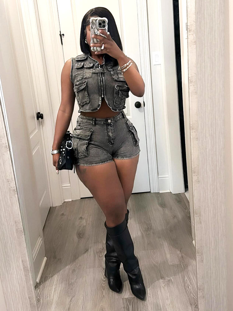 Denim Cargo Vest Shorts Set