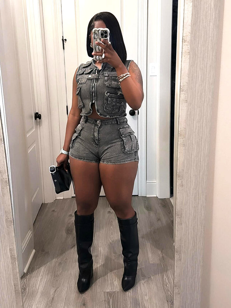 Denim Cargo Vest Shorts Set