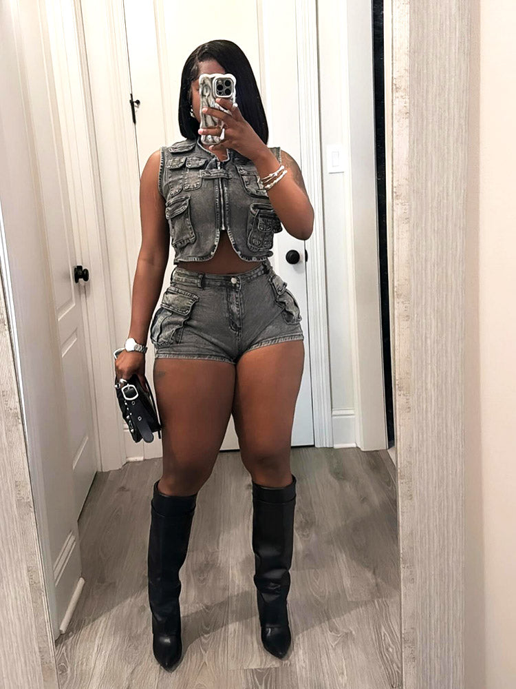 Denim Cargo Vest Shorts Set