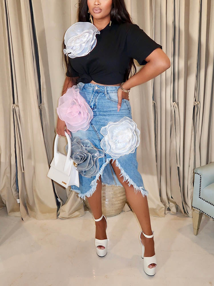 3D Floral Tee Denim Skirt
