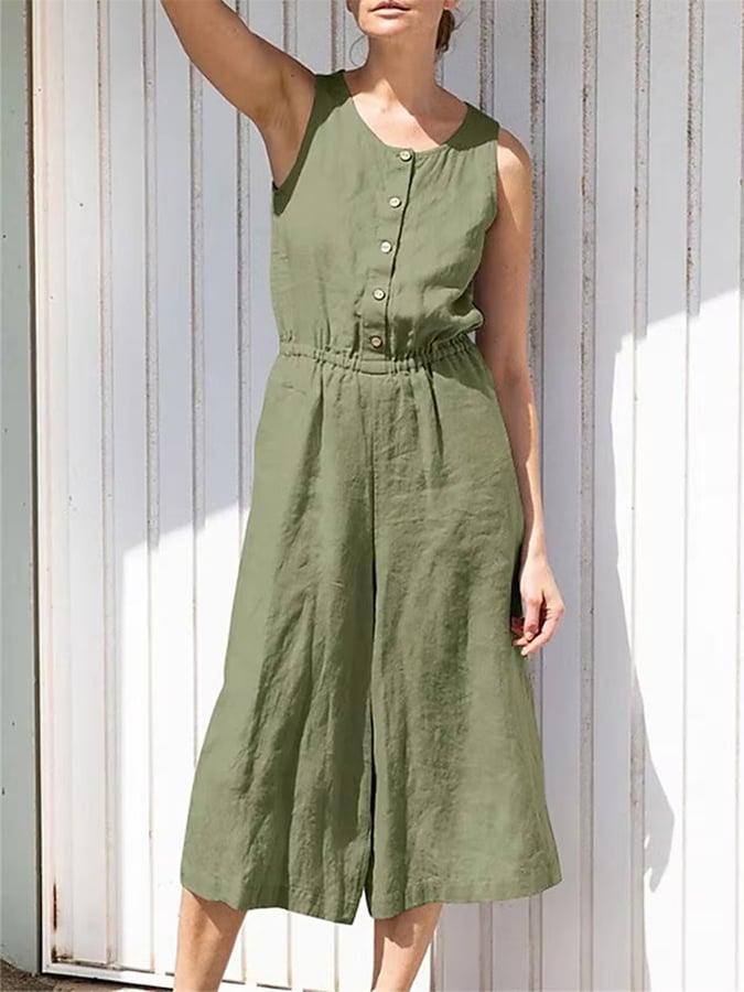 Women's Sleeveless Solid Button Elastic Waist Cotton Linen Wide Leg Jumpsuit