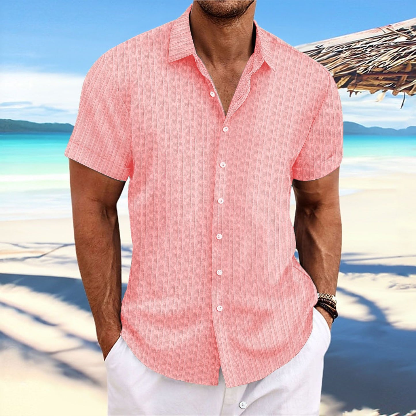 Men's cotton and linen striped jacquard casual loose short-sleeved shirt