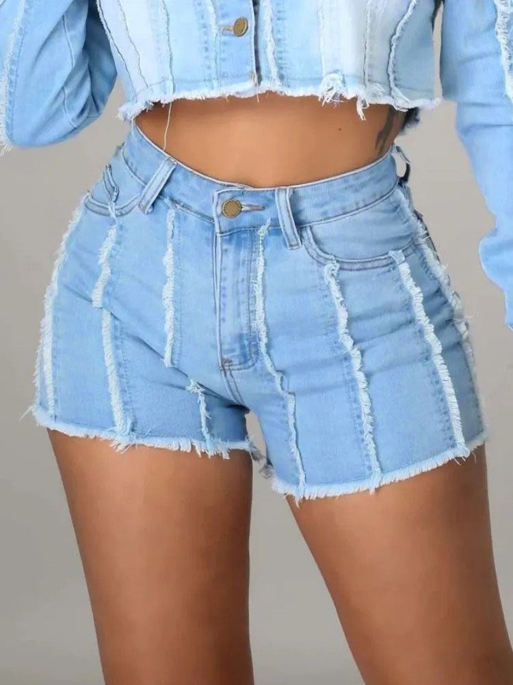 Denim Cropped Jacket Short Set