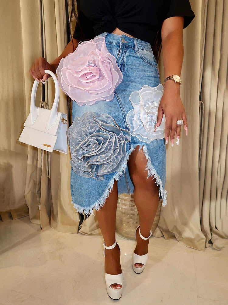 3D Floral Tee Denim Skirt