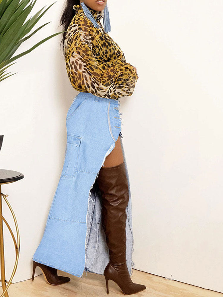 Denim Button High Split Skirt