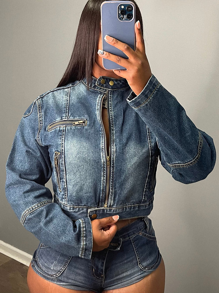 Denim Crop Jacket Shorts Set