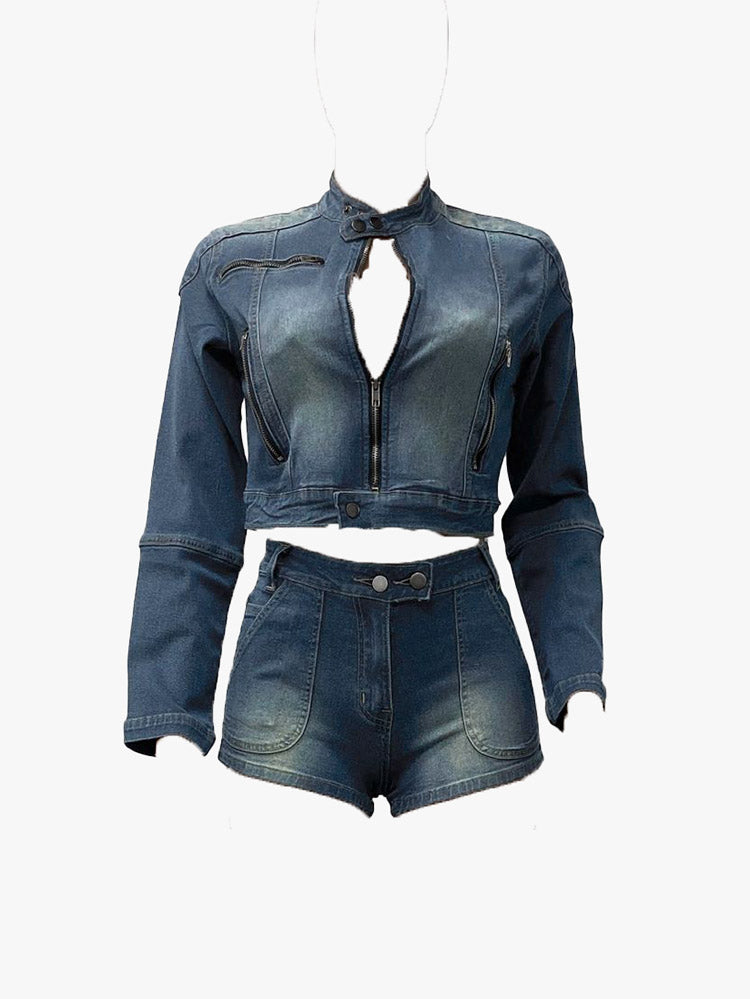 Denim Crop Jacket Shorts Set