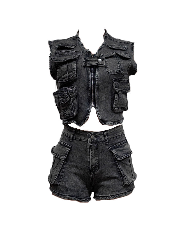 Denim Cargo Vest Shorts Set