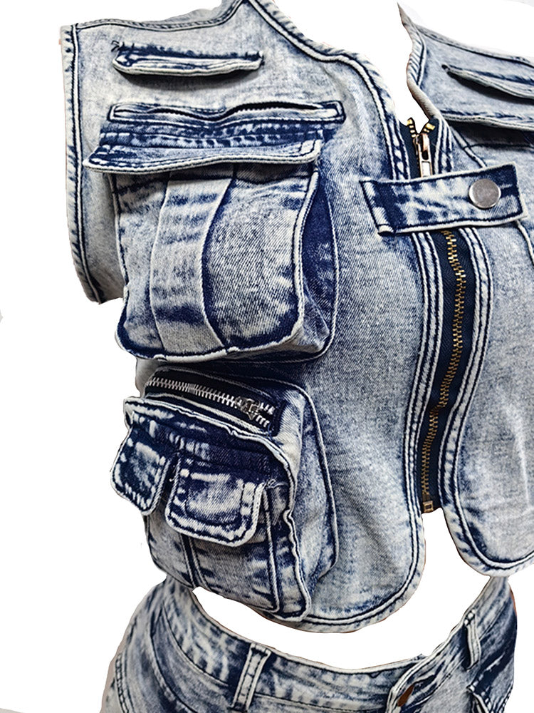 Denim Cargo Vest Shorts Set