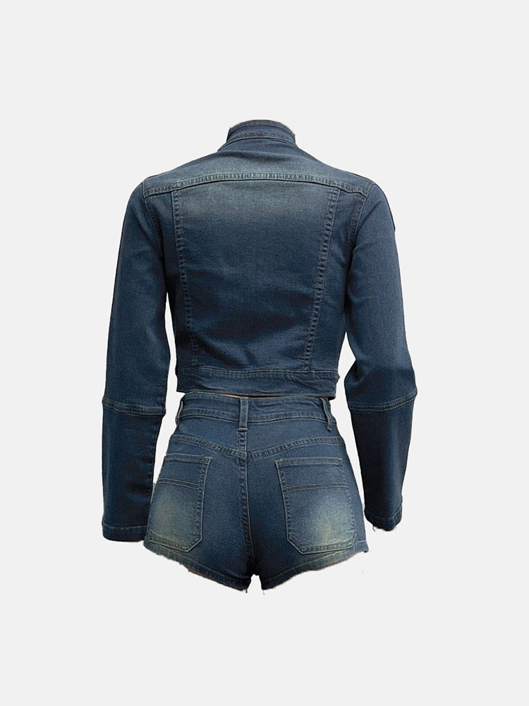 Denim Crop Jacket Shorts Set