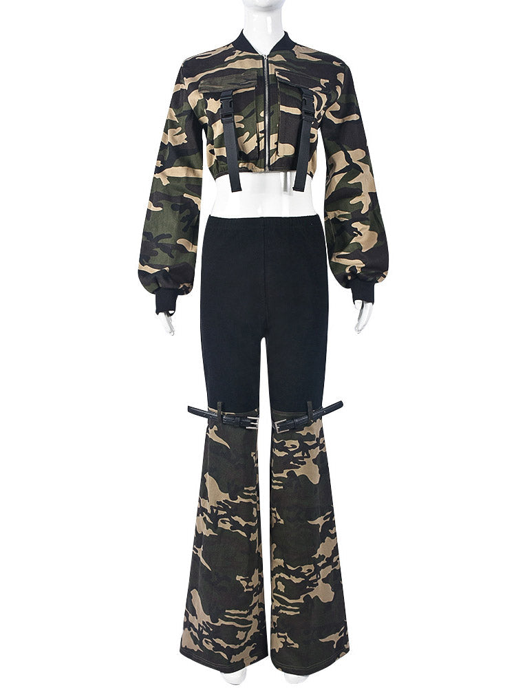 Camouflage Jacket Pants Denim Set