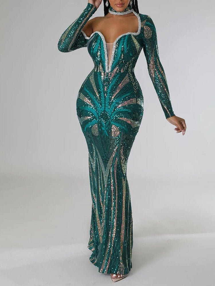 Women's One Shoulder Sequin Maxi Dress