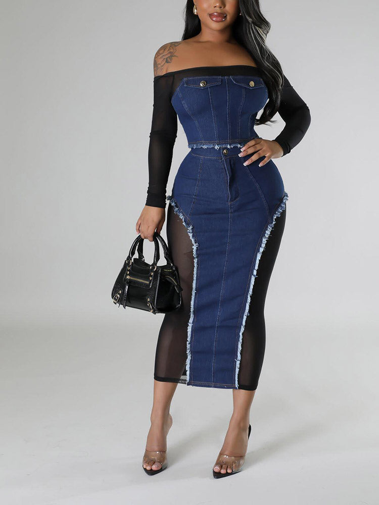 Denim Mesh Skirt Set