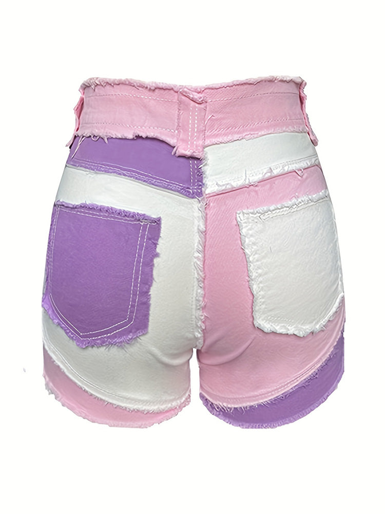 Colorblock Raw Hem Denim Shorts