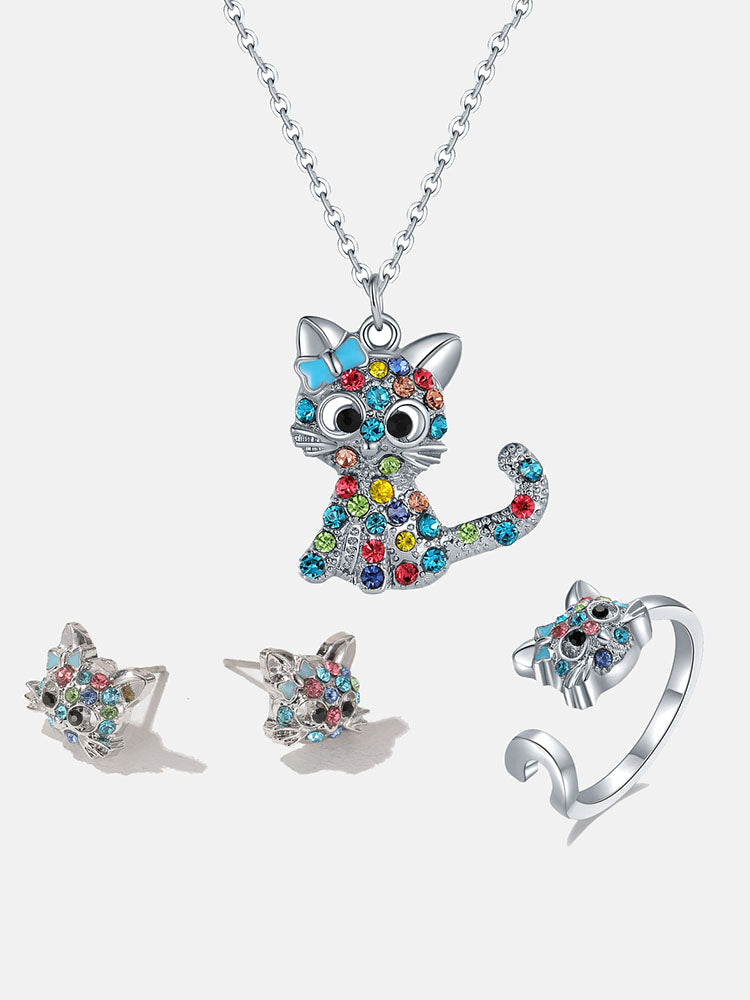 Women's Crystal Rainbow Cat Jewelry Set