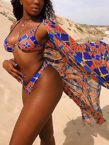 Printed Bikini Cover Up Swimsuit Set