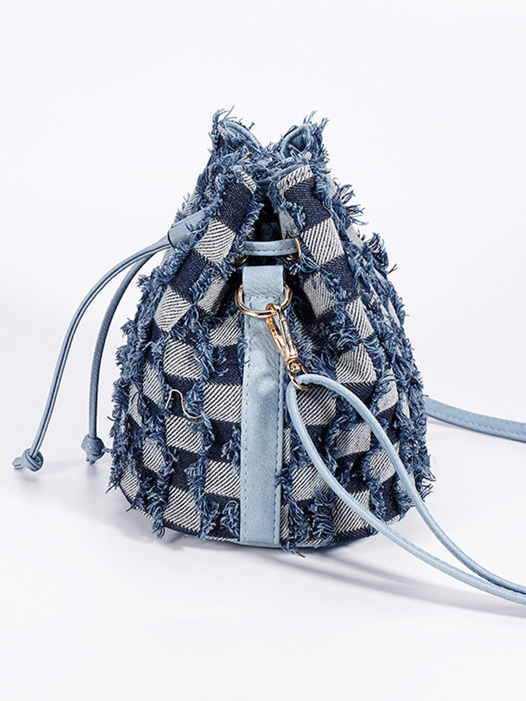 Denim Checkerboard Drawstring Bucket Bag