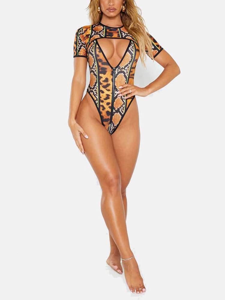 Snake Print Zipper Front Swimsuit