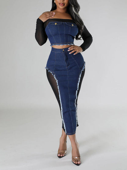 Denim Mesh Skirt Set