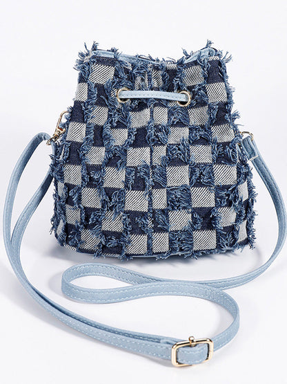 Denim Checkerboard Drawstring Bucket Bag