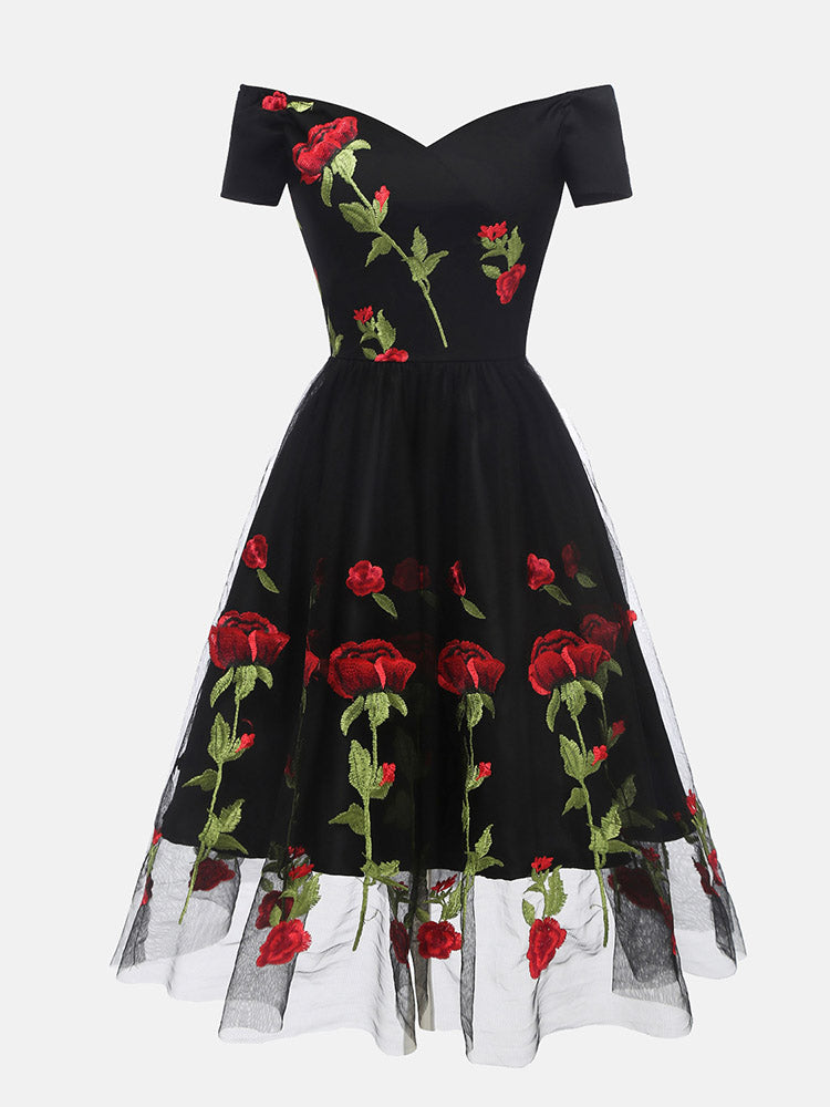 Women's Embroidered Rose Mesh Party Dress