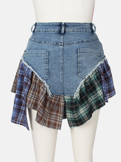 Denim Patchwork Plaid Asymmetric Skirt