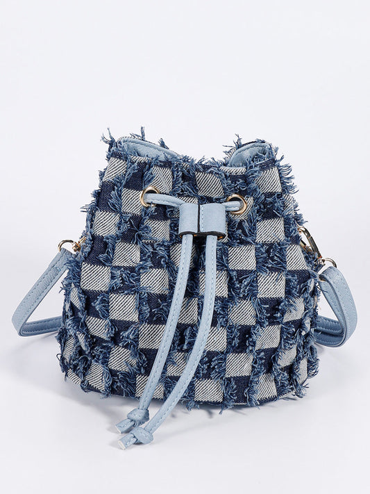 Denim Checkerboard Drawstring Bucket Bag