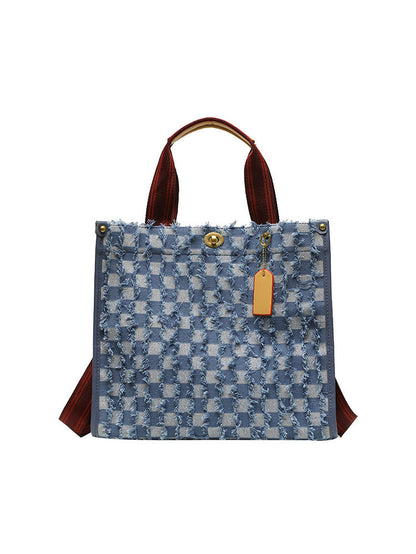 Women's Denim Checkerboard Tote Bag