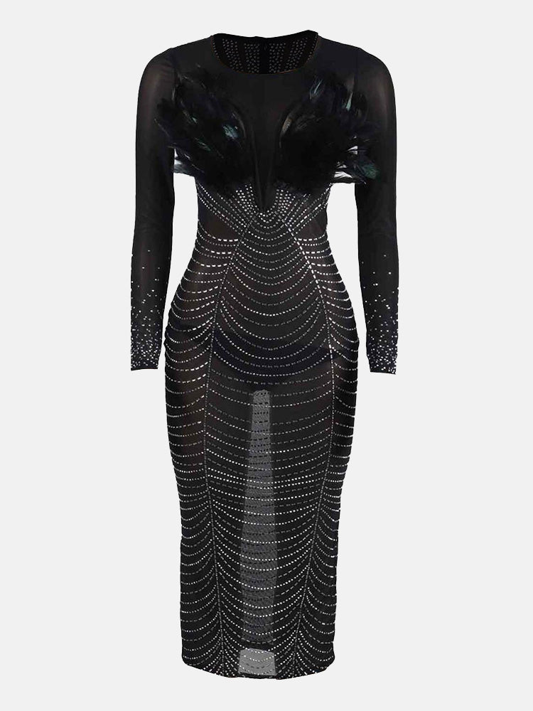 Women's Feather Rhinestone Midi Dress