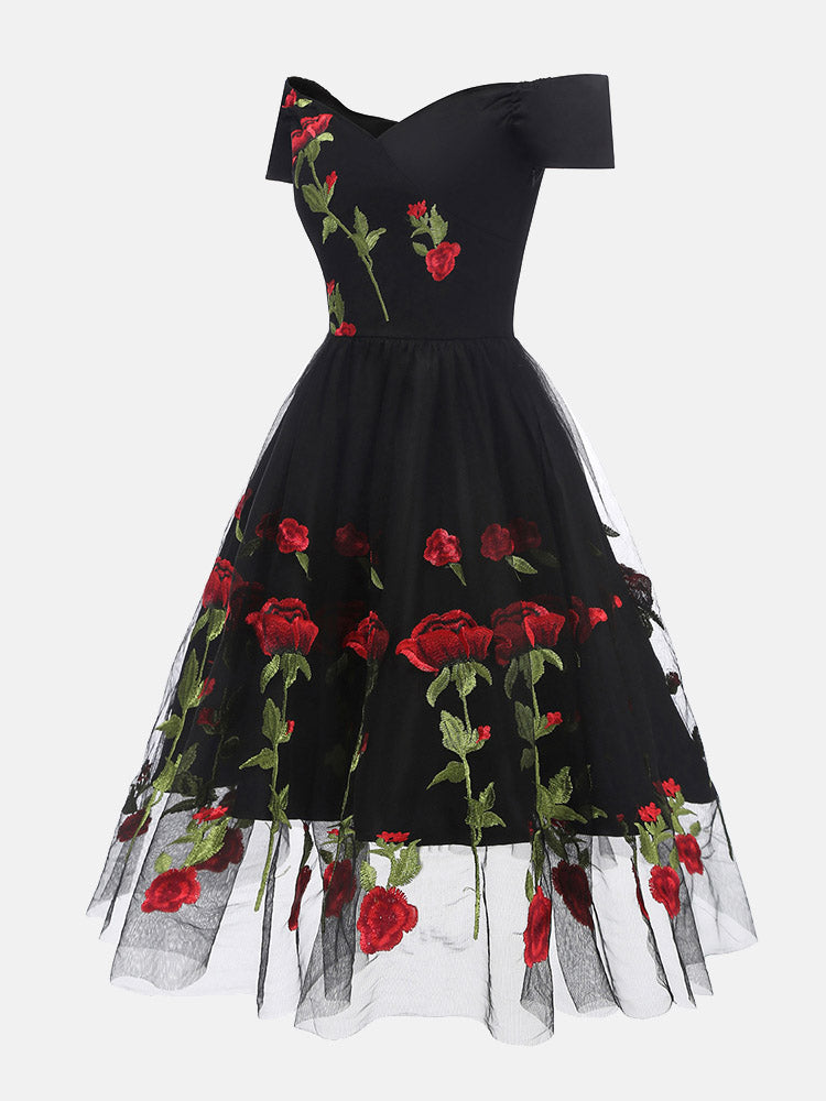 Women's Embroidered Rose Mesh Party Dress