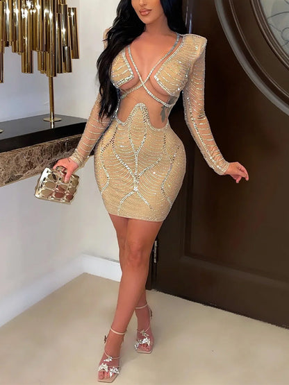 Women's V-neck Rhinestone Mesh Dress