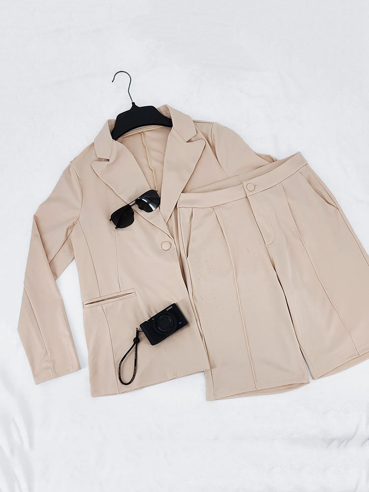 Casual Solid Lapel Collar Blazer Shorts Set